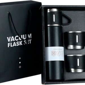 Kit Garrafa Térmica Vacuum Flask Set Inox 500ml + 3 Xícaras (Preta)